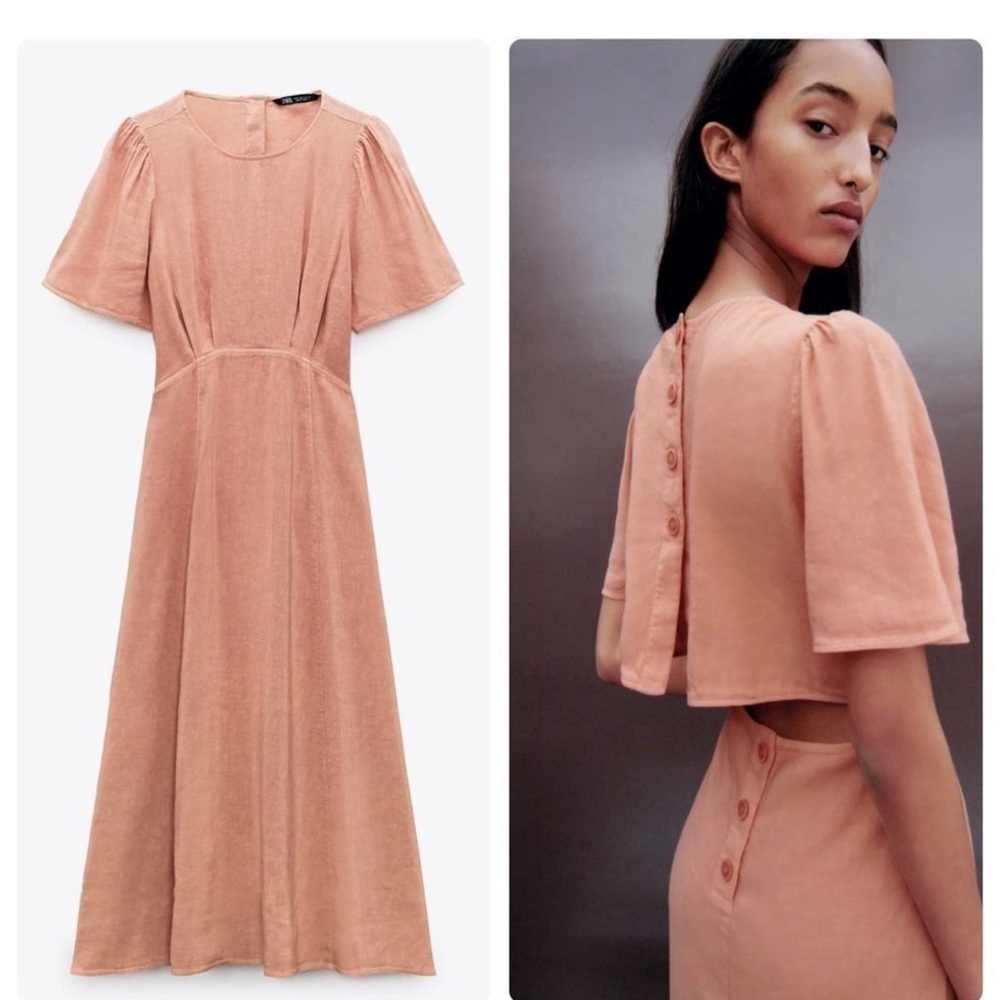 Zara linen blend midi dress cut out open back NWT XS peach